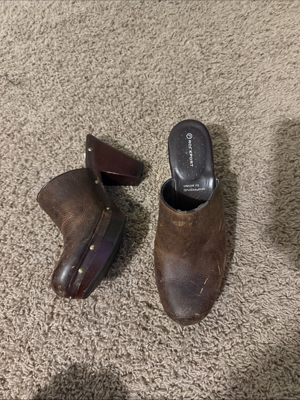 Rockport Brown Leather Clog Mules with Stud Accents - AdiPRENE by Adidas